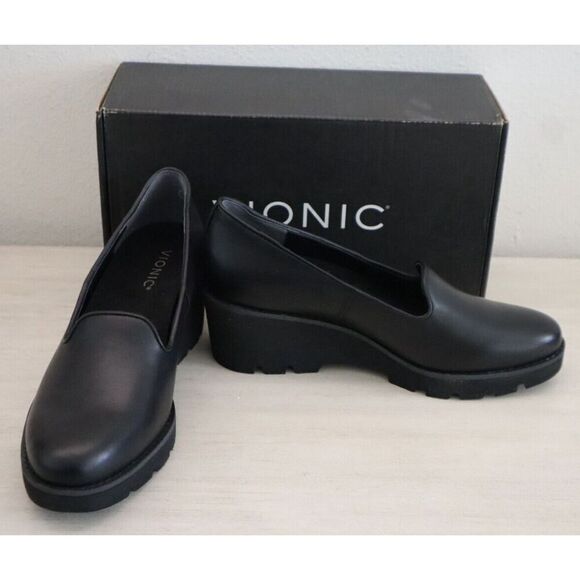 Vionic I7294L2-002 Women's Sz 8.5M Black Leather Willa Wedge Loafers - Picture 1 of 12